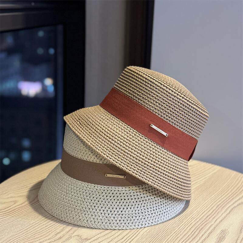 海边草帽女夏季出游平顶礼帽遮阳防晒防紫外线气质大头围法式帽子