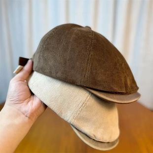 美式街头复古时尚前进帽男女秋冬季灯芯绒贝雷帽百搭显脸小鸭舌帽