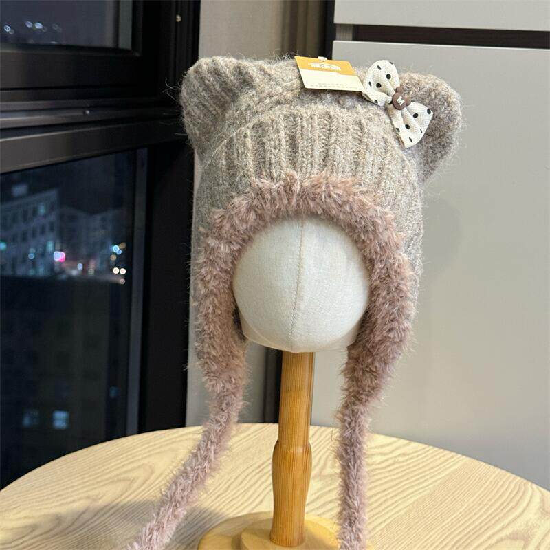 户外帽子女秋冬新款可爱猫儿朵针织帽防寒护耳加绒保暖系绳套头帽