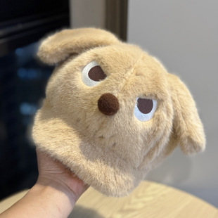 可爱怒气小狗狗毛茸茸耳朵贝雷帽女冬季保暖棕色毛绒大版棒球帽子