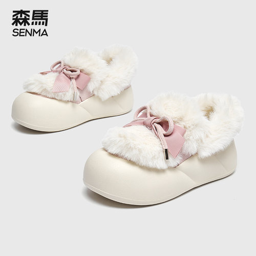 森马冬季加绒保暖厚底鞋子毛毛鞋