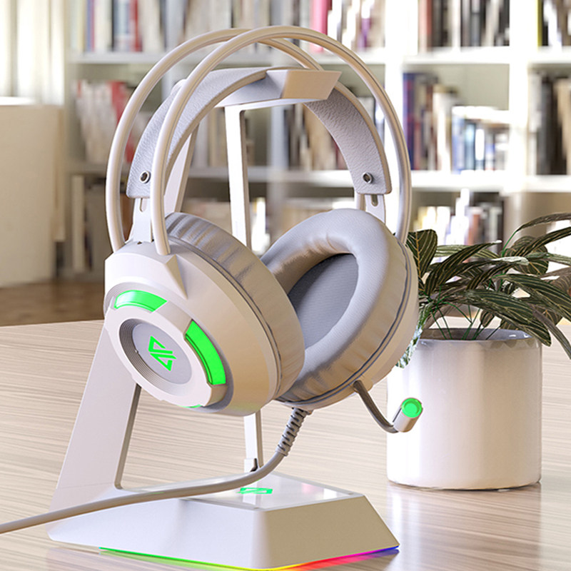 黑爵ax120有线电脑耳机头戴式带话筒麦克风usb接口白色发光支架外接