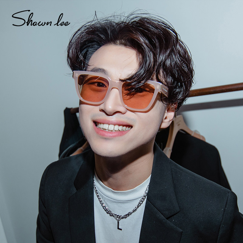 Shawnlee 天禾龙同款痞帅时尚方框墨镜大脸防紫外线奶茶色太阳镜