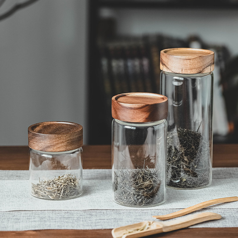 日式家用厨房透明玻璃密封罐相思木盖子储物罐食品级耐热分装瓶子