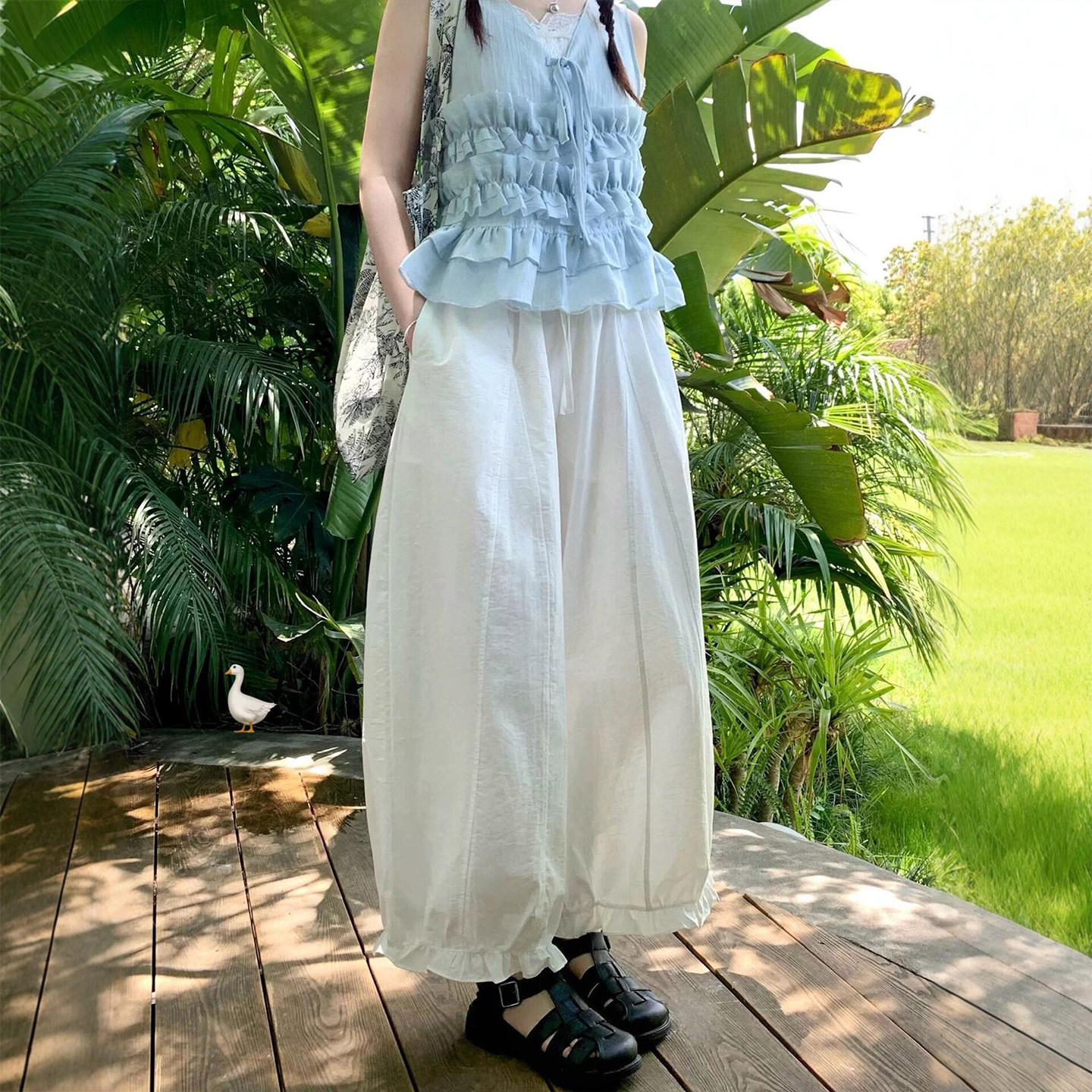 白色花苞裤女2026新款夏季薄小个子宽松冰丝休闲九分灯笼阔腿裤