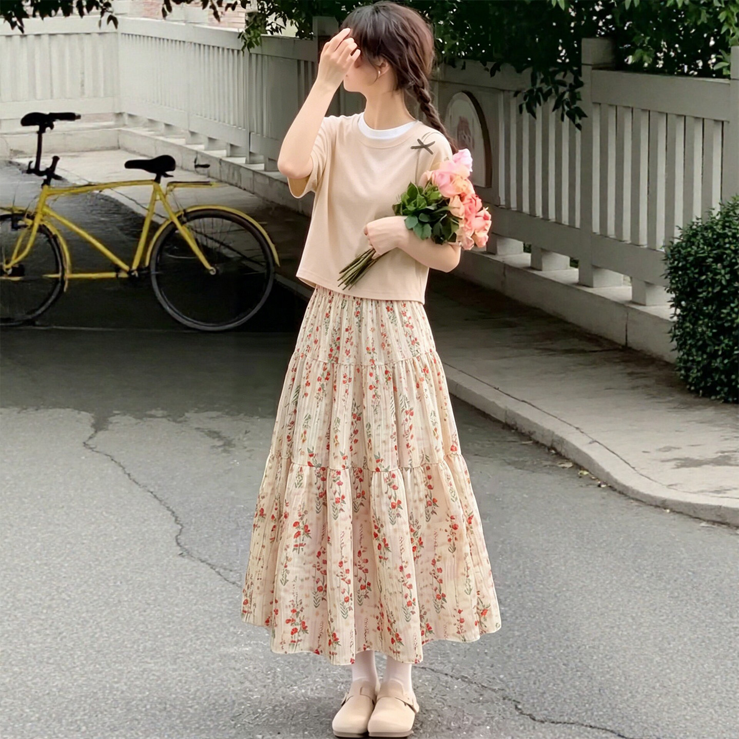 简约百搭粉白碎花蛋糕半裙女2026夏韩系温柔风松紧腰雪纺A半身裙