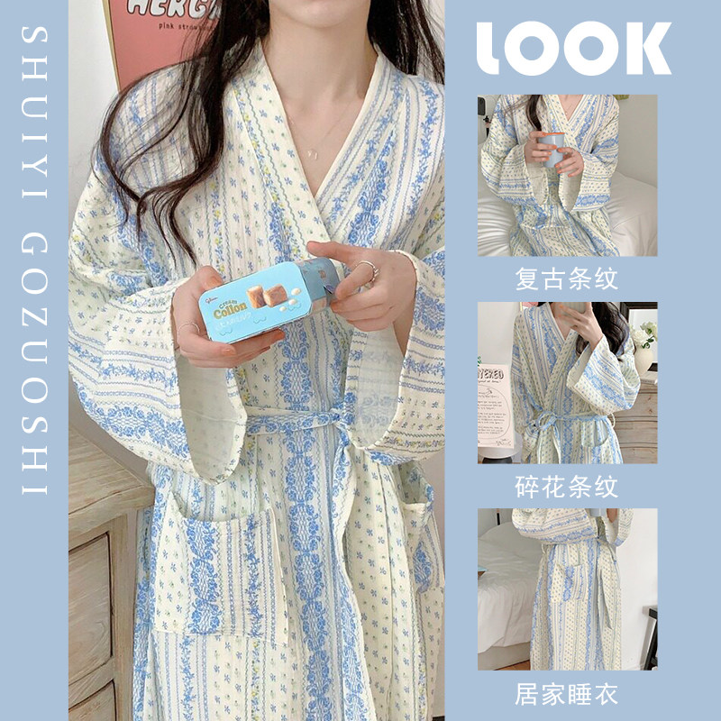 网红春秋季韩系少女睡袍女2026新款居家大码蓝色条纹波点家居服