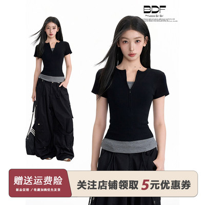 黑色假两件正肩短袖t恤女