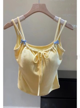 6809带胸垫辣妹双肩带纯欲bm风黄色背心女吊带内搭蝴蝶结无袖美背