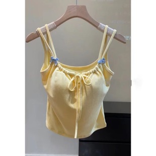 6809带胸垫辣妹双肩带纯欲bm风黄色背心女吊带内搭蝴蝶结无袖 美背