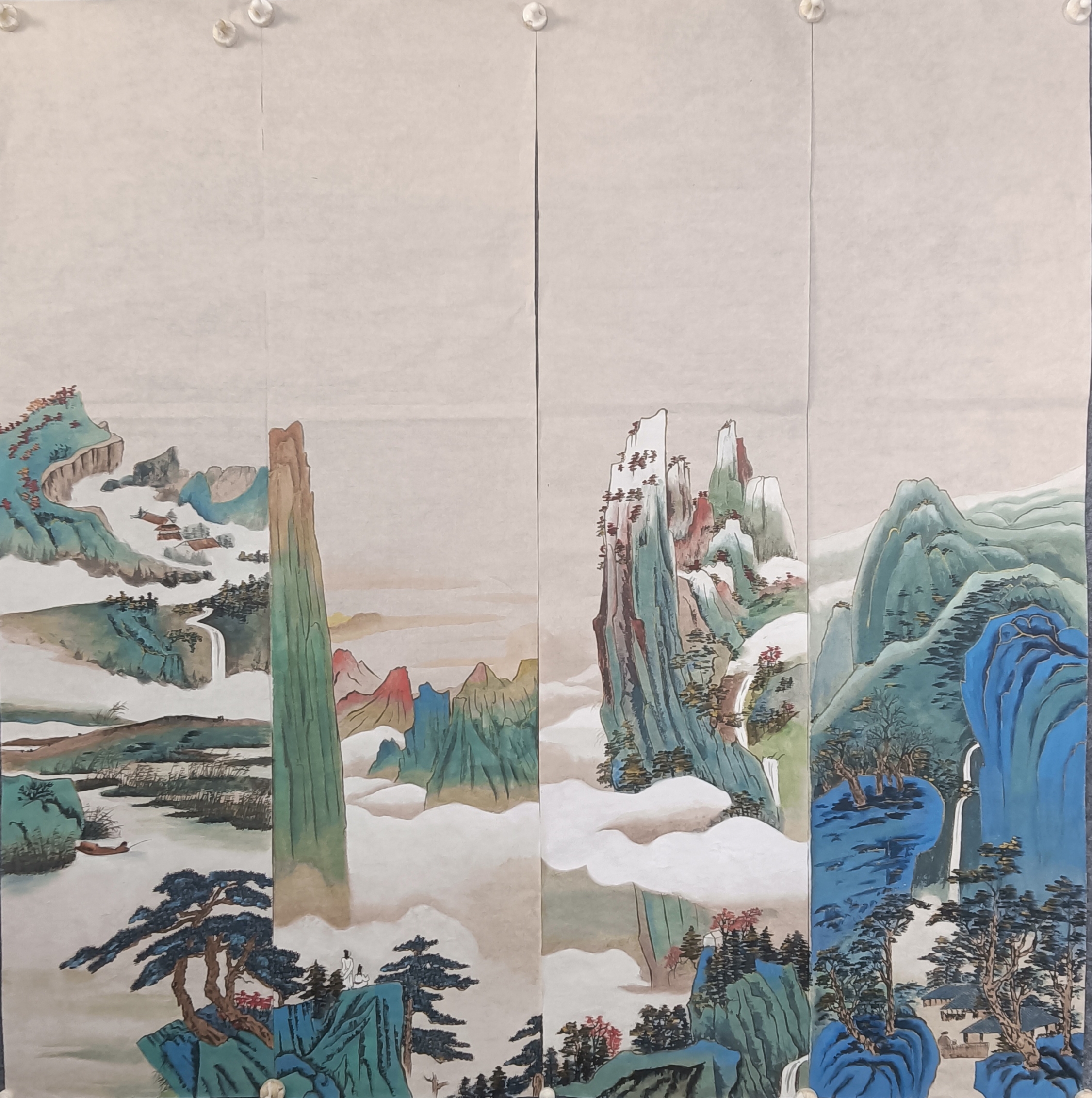 国画手绘工笔重彩金碧山水四条屏客厅装饰送礼尺寸33*133一套价