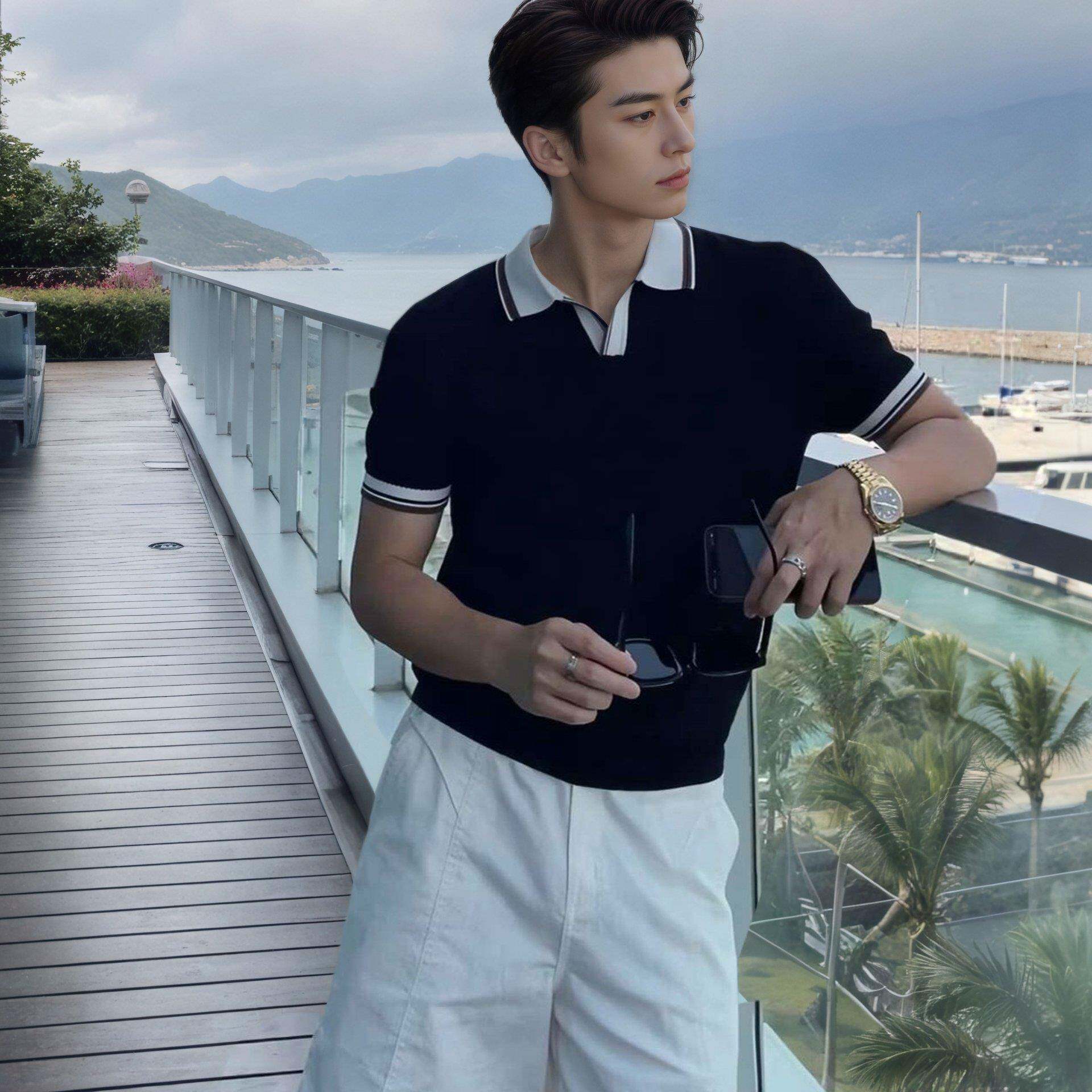 冰丝V领短袖POLO衫男宽松轻奢夏季休闲撞色翻领肌理感海鸥领T恤衫