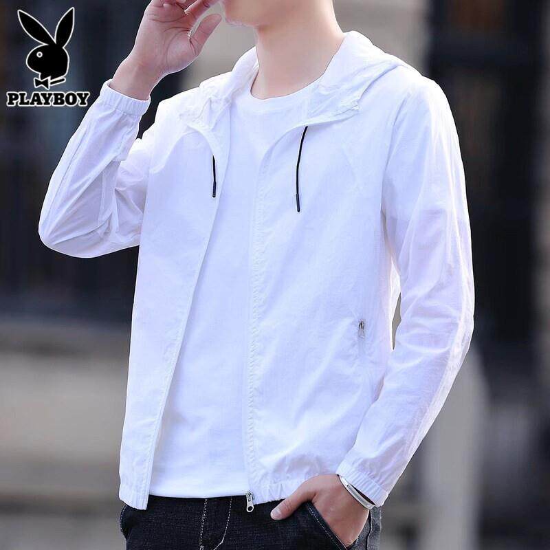 花花公子冰丝防晒衣服男士连帽夹克夏季白色超薄透气空调服外套男