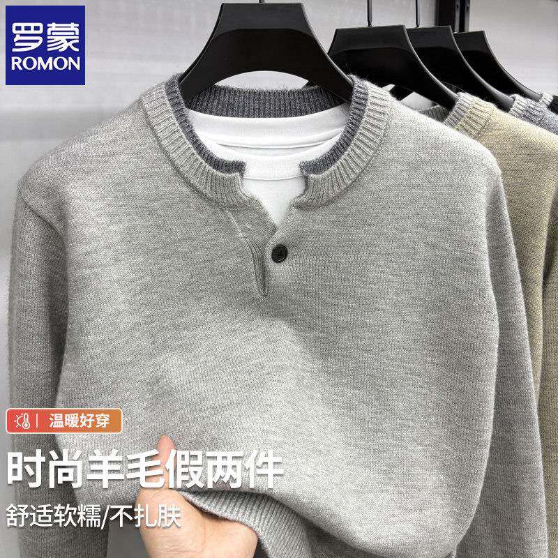 羅蒙毛衣男款時尚寬鬆假兩件V領秋冬季羊毛加厚針織衫男裝上衣潮
