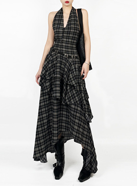 解余 JIEYU 复古风格纹连衣裙女不规则收腰显瘦中长裙