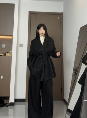 解余 JIEYU 秋冬高级感流苏大翻领大衣羊毛外套