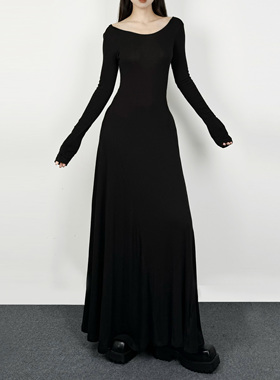解余 JIEYU  简约高级感高弹显瘦露背黑色长袖连衣裙