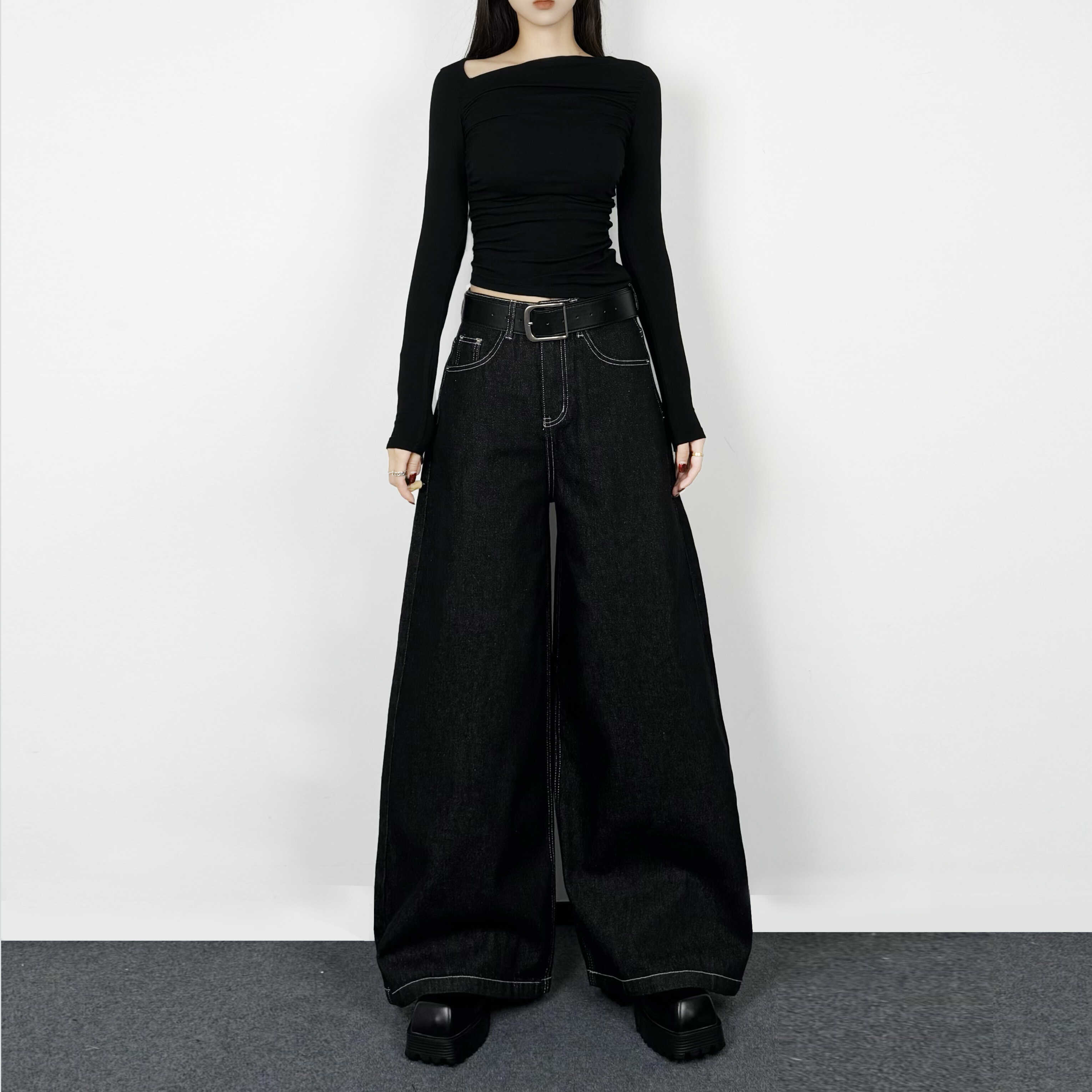 复古宽松深蓝高腰大阔腿