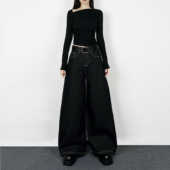 JIEYU 2024新款 高腰宽松垂感拖地裤 解余 深蓝复古大阔腿牛仔裤