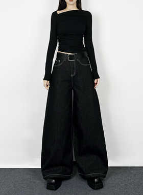 解余 JIEYU 2024新款高腰宽松垂感拖地裤深蓝复古大阔腿牛仔裤