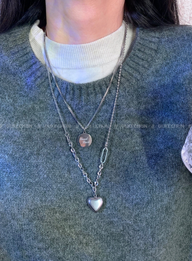 钛钢不掉色爱心圆牌双层叠戴项链