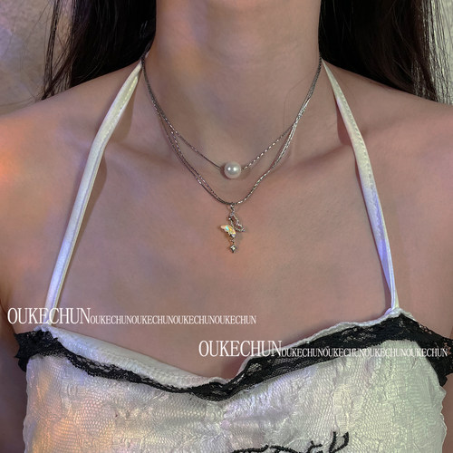 y2k辣妹多层蝴蝶珍珠吊坠项链女