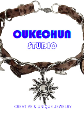 小众豹纹毛绒太阳星星纽扣项链女