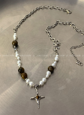 ins嘻哈十字架虎眼珍珠项链男女