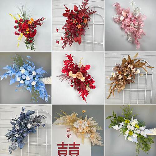 高端红色婚礼花艺T台布置挂花