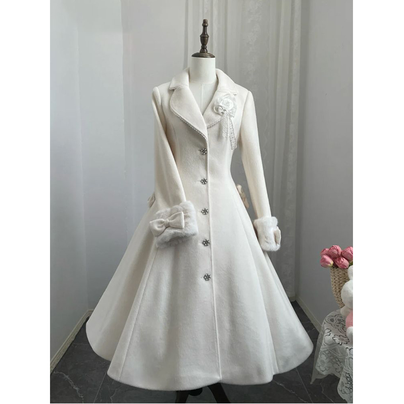 【雪绒公主】冬日优雅白月光毛领大衣女珍珠扣蝴蝶结长款气质外套