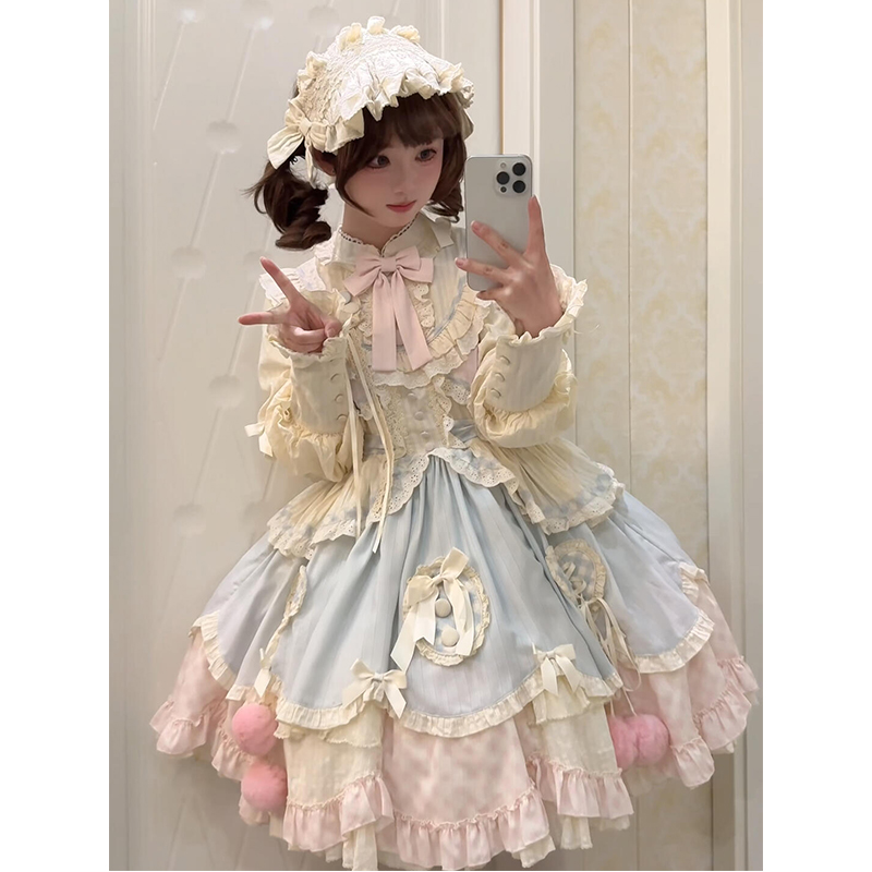 蓝粉可爱甜美长袖lolita裙短款OP公主裙在逃公主风连衣裙洋装cos