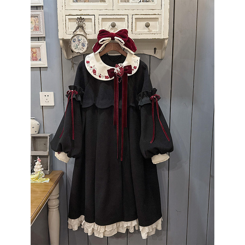 日系黑色Lolita洛丽塔毛呢外套女日系宽松蝴蝶结可爱氛围感大衣冬