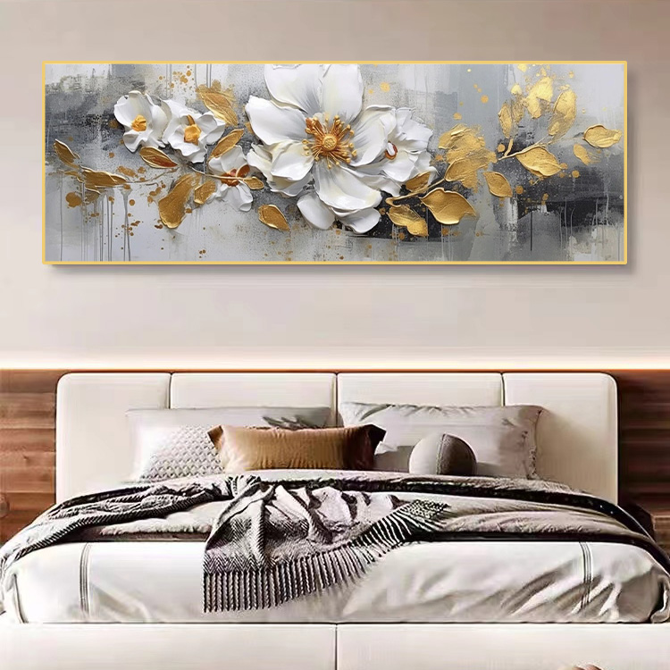 手绘油画金箔花卉美式床头装饰画现代轻奢客厅沙发背景墙抽象挂画图片