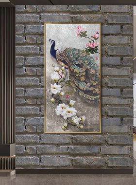 新中式吉祥牡丹花孔雀客厅装饰画轻奢高级感肌理画玄关手绘油画