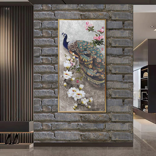 新中式吉祥牡丹花孔雀客厅装饰画轻奢高级感肌理画玄关手绘油画