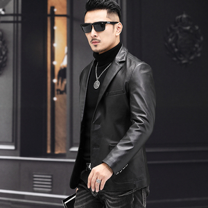 2021秋季薄款真皮皮衣男绵羊皮外套西服男韩版修身休闲西装P450图片