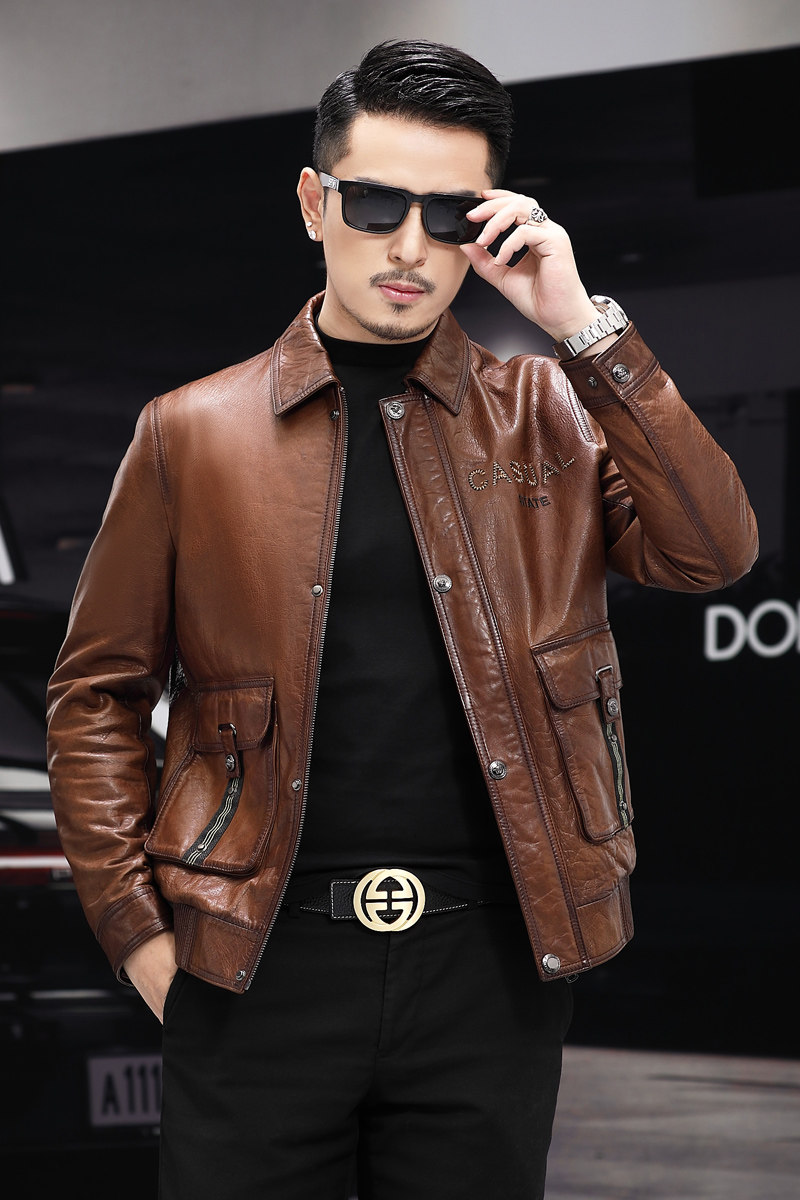 XC2110男士2021秋冬新款绵羊皮油蜡真皮皮衣男翻领休闲皮夹克,男装皮衣,电商B360