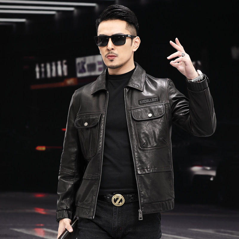 BL-D男式2021秋季新款翻领头层绵羊油蜡真皮皮衣男夹克图片