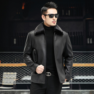 J8068T新款海宁男式绵羊皮真皮皮衣男兔毛内胆翻领皮克服图片