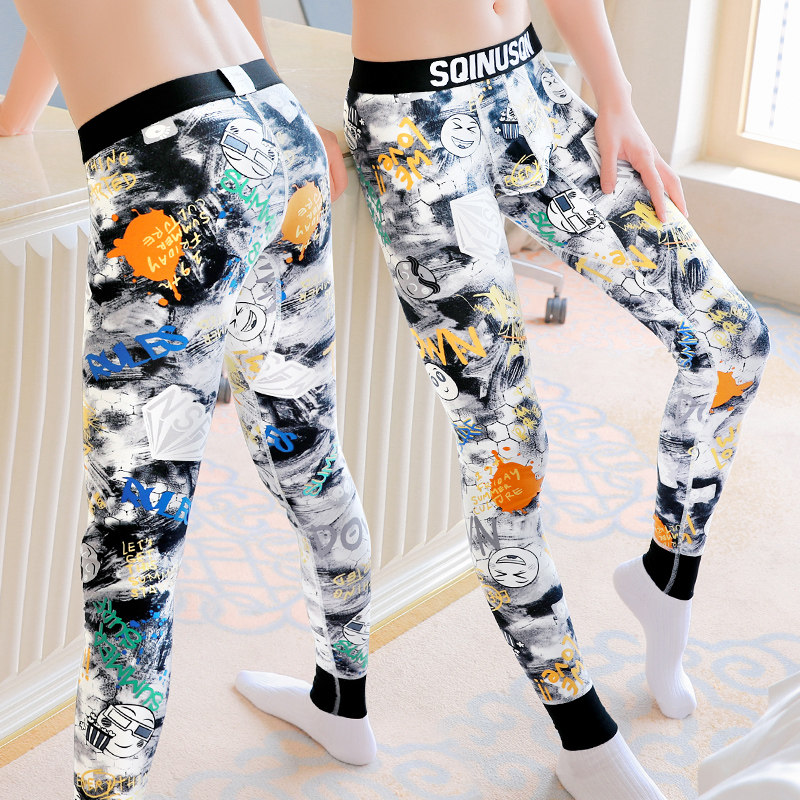 秋冬季男士秋裤卡通花线裤男青年保暖裤秋冬薄款棉毛裤学生打底裤