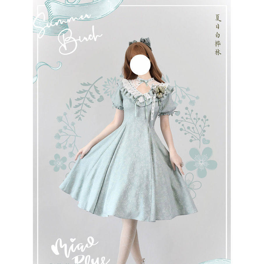 夏日白桦林 春季新款甜美荷叶边优雅提花收腰显瘦洛丽塔连衣裙女