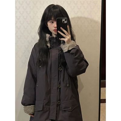 棕境浮纹甜美小个子宽松保暖棉服女冬新款小众设计感减龄工装棉衣