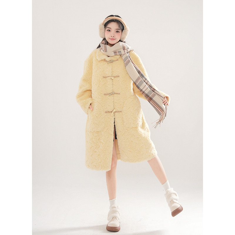 芒果舒芙蕾 韩系慵懒秋冬软糯撞色牛角扣毛毛外套女加厚毛绒大衣