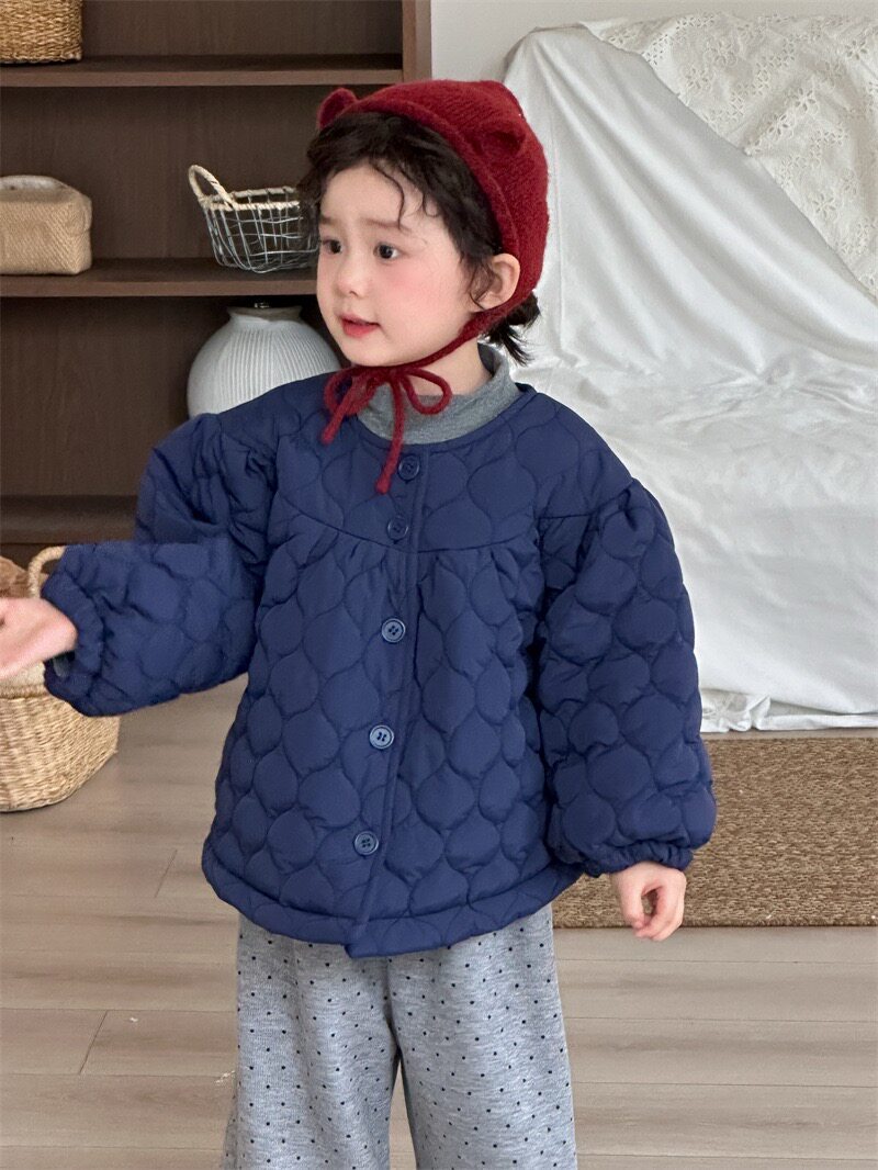 小豆25冬季新品儿童洋气纯色绗棉外套女童宝宝泡泡袖棉服长袖上衣