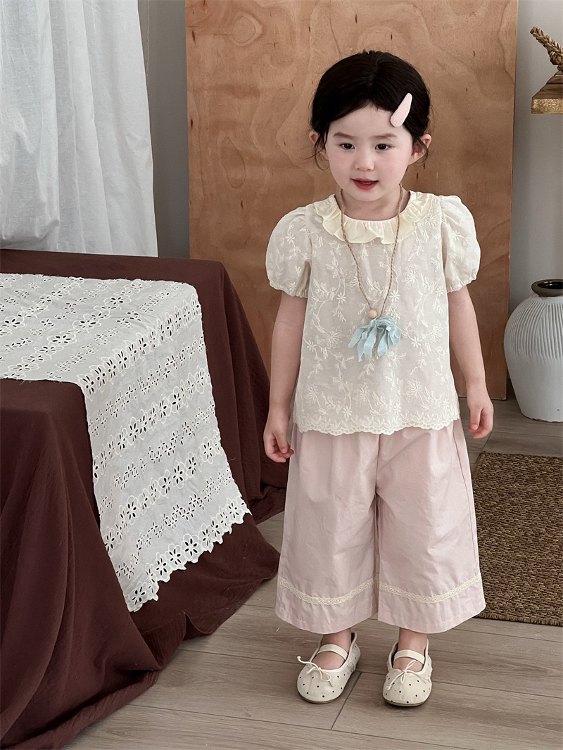 小豆子25夏季新品儿童韩版甜美绣花木耳娃娃衫女童宝宝短袖衬衫潮