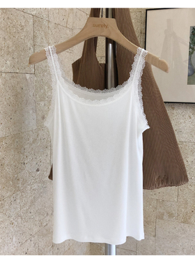 桑蚕丝混纺蕾丝边女上衣 柔顺背心内搭 Bi入外穿单品白色真丝吊带