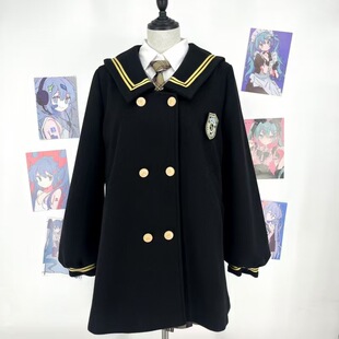 原创JK制服学院风纯色中长款水手领大衣日系小个子双排扣毛呢外套
