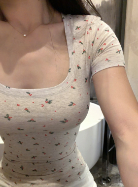 李琴琴限定印花棉质圆领掐腰显瘦正肩T恤内搭打底衫夏季新款短袖