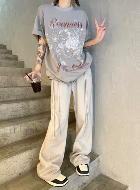 Aaakane 杏灰色双抽绳春夏薄款毛圈卫裤2023春夏阔腿直筒休闲裤女