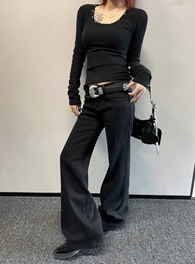 Aaakane 加绒加厚黑色牛仔裤中低腰修身不贴腿显瘦微喇长裤